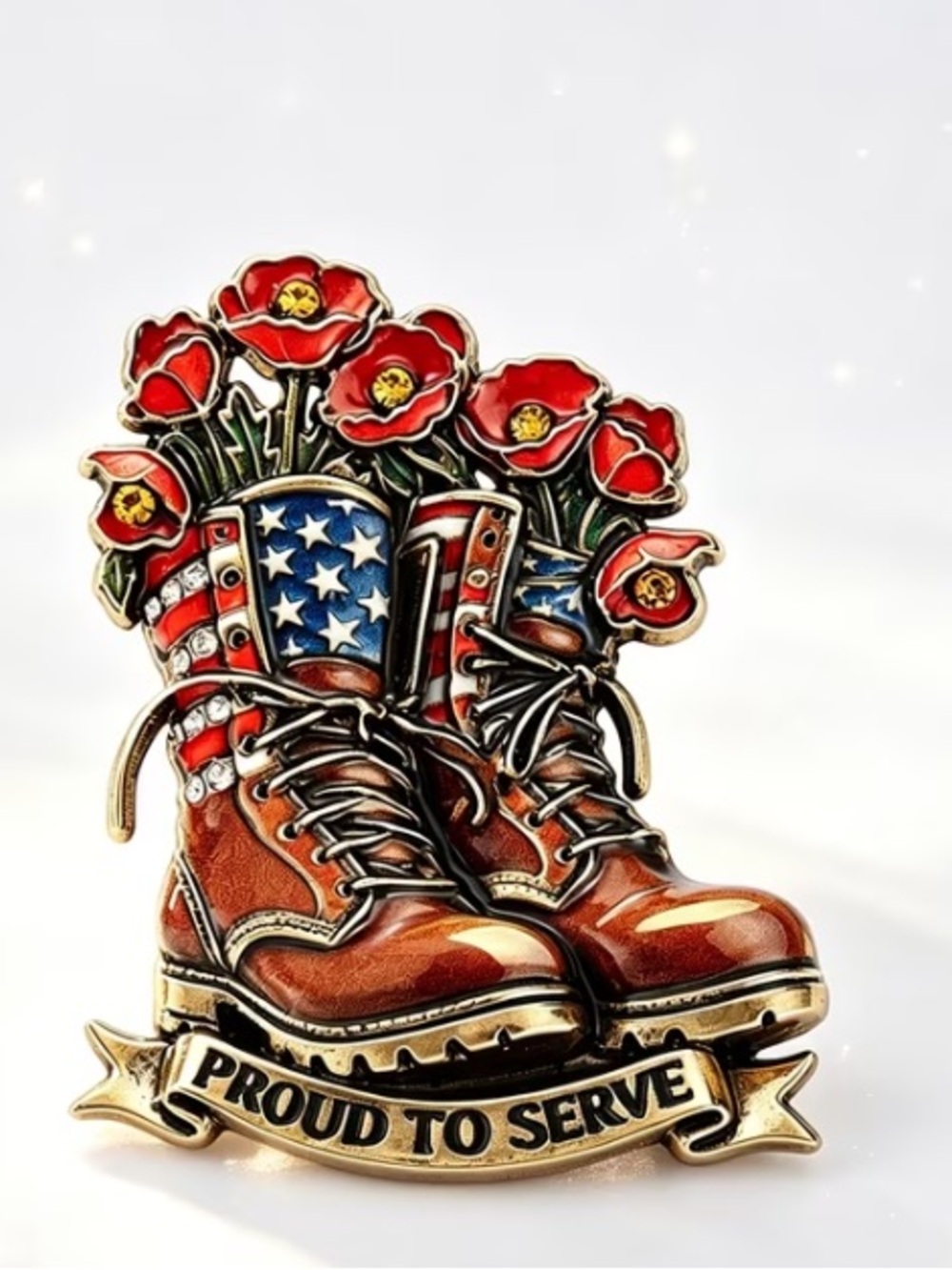 Proud to Serve Military Boots Enamel Brooch with Poppies